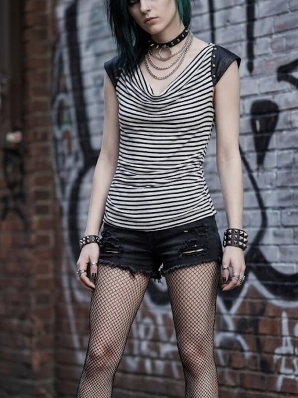 BCX Studded Faux Leather Sleeve Striped Top XS Moto Y2K Cowl Neck